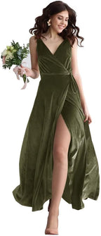 Samt V-Ausschnitt Brautjungfernkleid Langes Damen Ballkleid Formales Partykleid mit Schlitz 