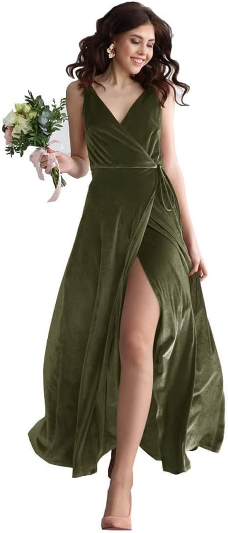 Velvet V Neck Bridesmaid Dress Long Women's Prom Formal Party Gown with Slit