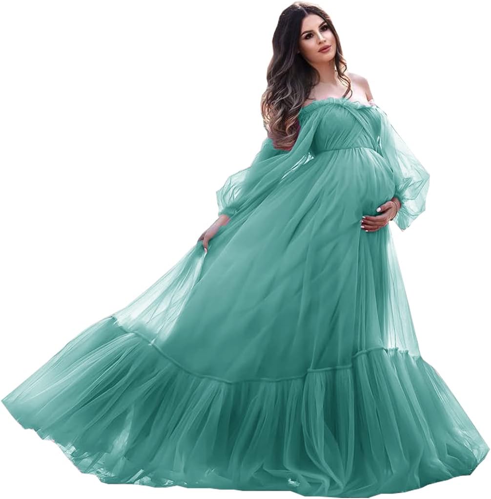 Puffy Sleeve Maternity Dress Tulle Robe for Photoshoot Off Shoulder Pregnancy Baby Shower Gown