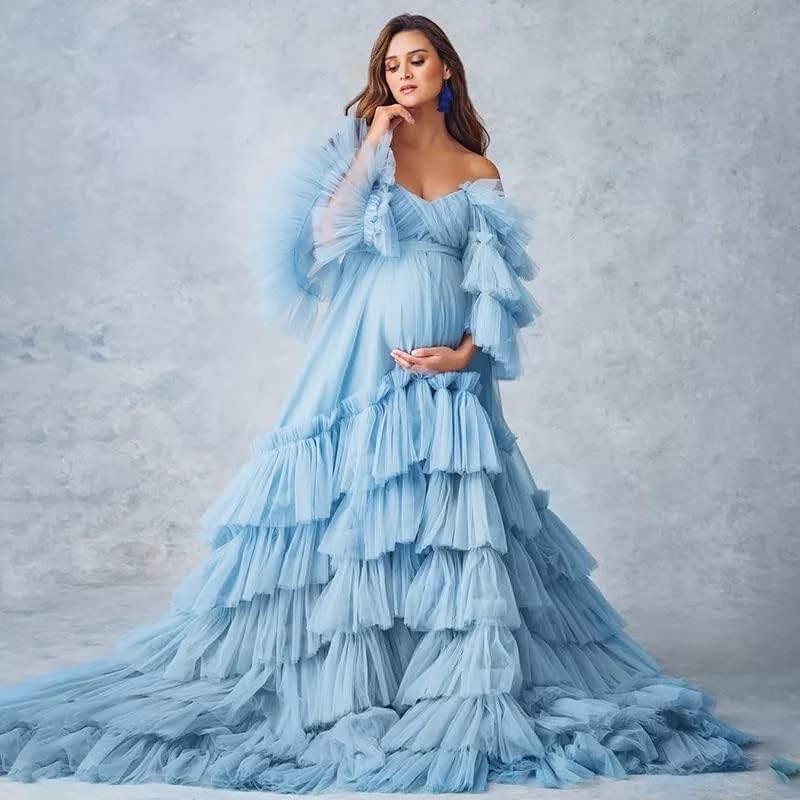 Puffy Tüll Robe Umstandskleid für Fotoshooting Transparente Braut Dessous Hochzeitskleid Lange Baby Shower Schwangerschaftskleider 