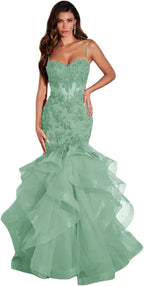 Damen Ballkleid mit Spitzenapplikation, Tüll, lang, Meerjungfrau-Stil, Rüschen, funkelnd, formelles Abendkleid 
