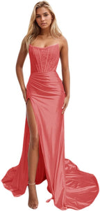 Vestidos de fiesta de sirena con encaje satinado para mujer, largos con abertura, sin tirantes, para noche formal, 2025 