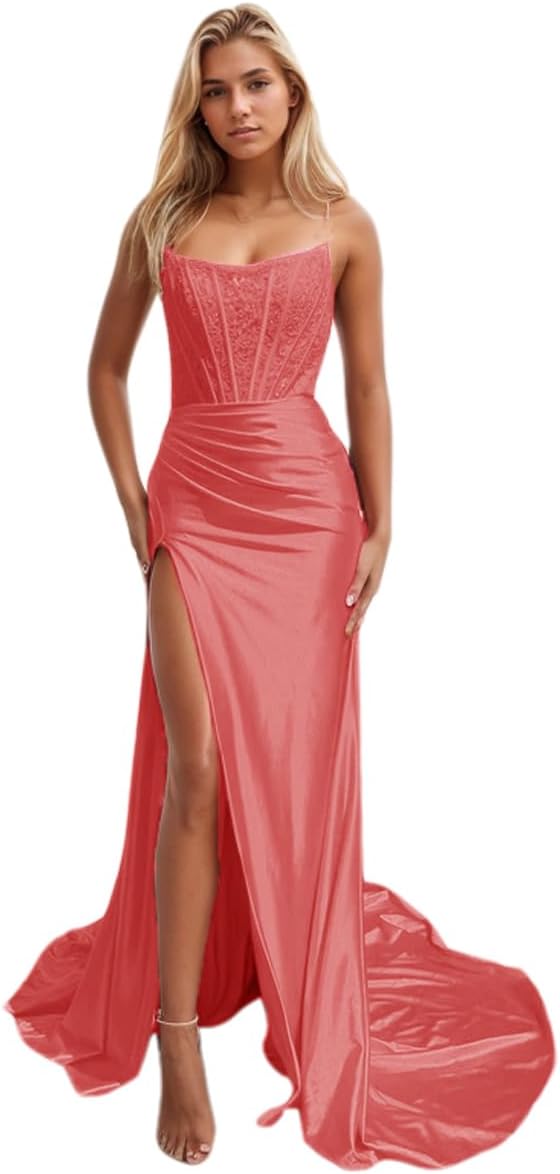 Vestidos de fiesta de sirena con encaje satinado para mujer, largos con abertura, sin tirantes, para noche formal, 2025 