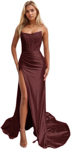 Vestidos de fiesta de sirena con encaje satinado para mujer, largos con abertura, sin tirantes, para noche formal, 2025 