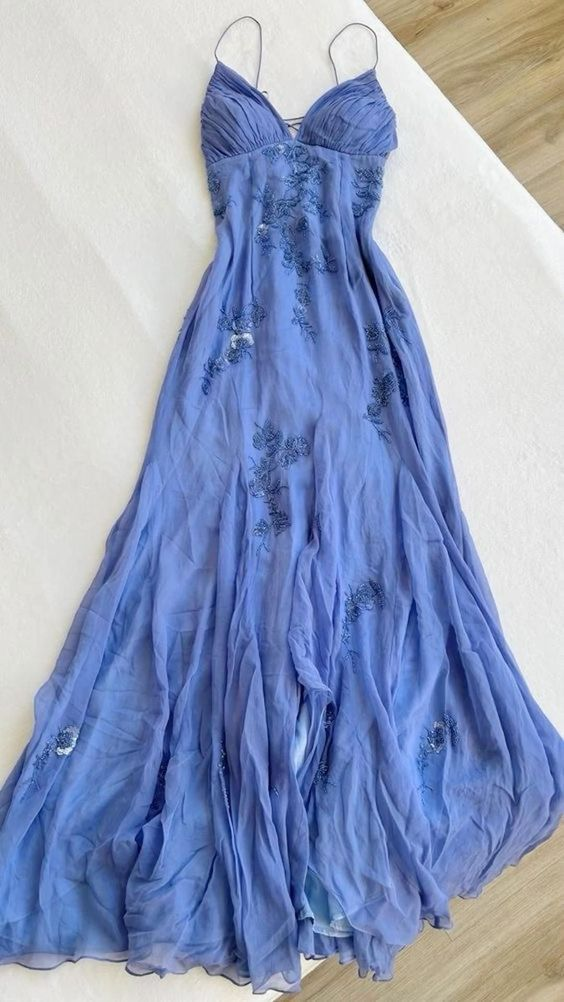 Vestido largo de gasa azul con tirantes finos, elegante, para fiesta de graduación y noche, Y7457