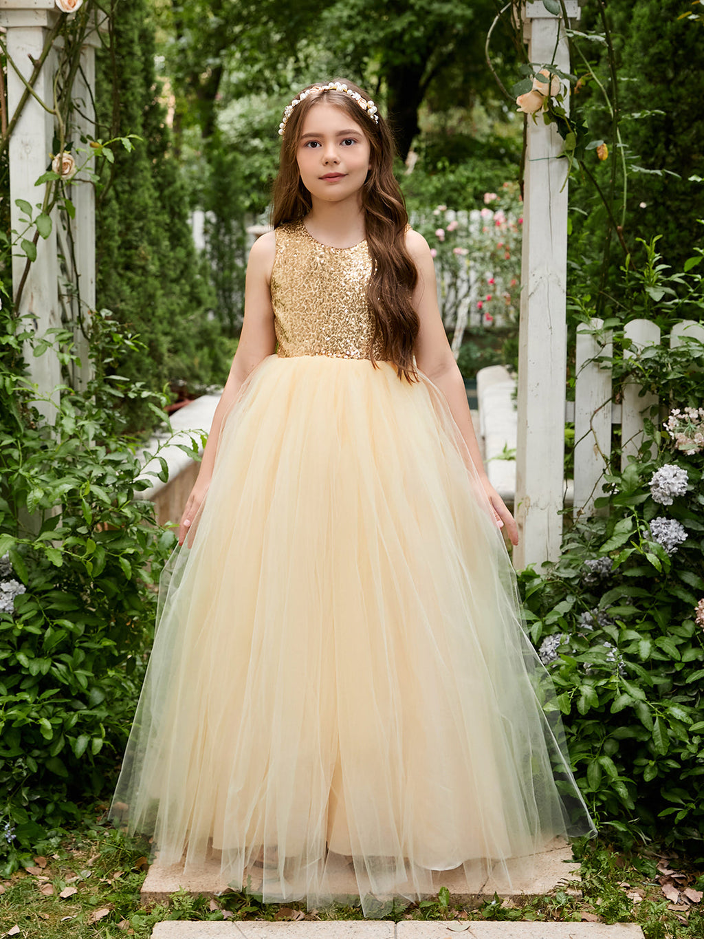 Vestido de fiesta/princesa de tul hasta el suelo color champán para niña de las flores
