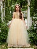 Vestido de fiesta/princesa de tul hasta el suelo color champán para niña de las flores