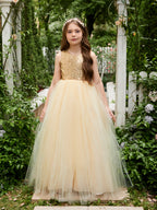 Vestido de fiesta/princesa de tul hasta el suelo color champán para niña de las flores