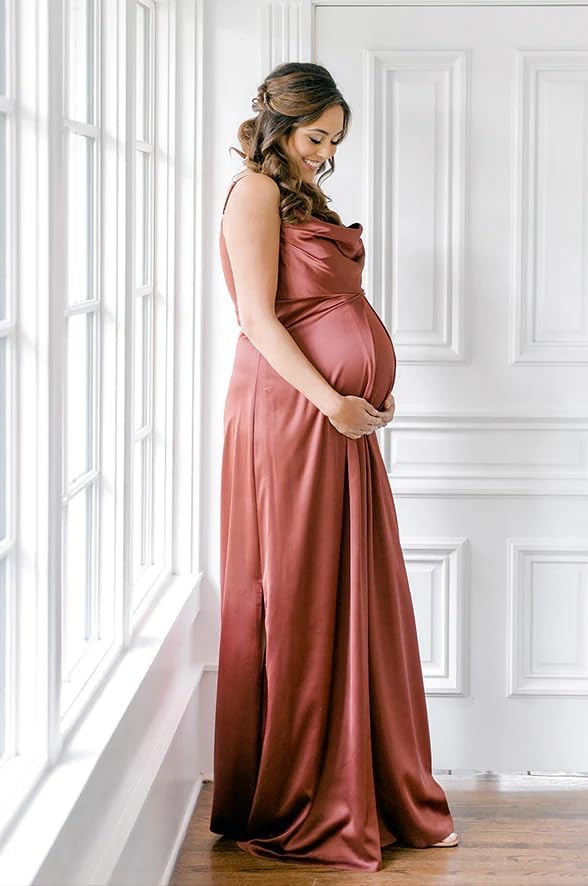 Spaghettiträger Umstandskleid Brautjungfernkleid für Fotoshooting Langes Satin Beinschlitz Schwangeres Abschlussball Partykleid 