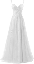 Vestidos de fiesta de tul con apliques de encaje para mujer 2025, vestido de fiesta formal de noche con tirantes finos y abertura 