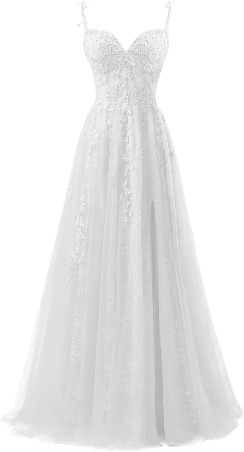 Lace Applique Tulle Prom Dresses for Women 2025 Spaghetti Straps Ball Gown Formal Evening Party Gown with Slit