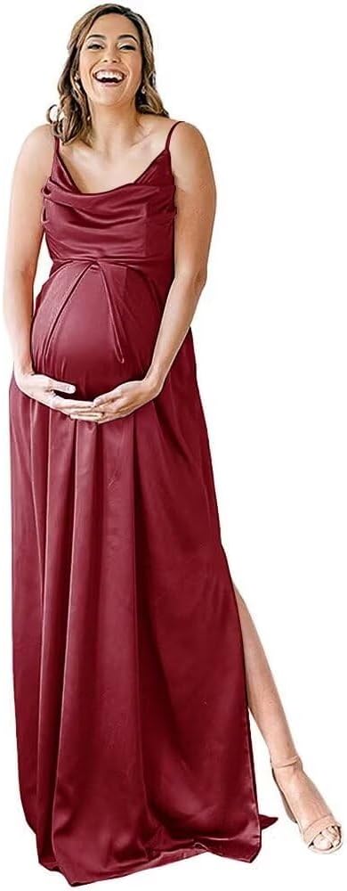 Spaghettiträger Umstandskleid Brautjungfernkleid für Fotoshooting Langes Satin Beinschlitz Schwangeres Abschlussball Partykleid 