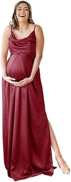 Spaghettiträger Umstandskleid Brautjungfernkleid für Fotoshooting Langes Satin Beinschlitz Schwangeres Abschlussball Partykleid 