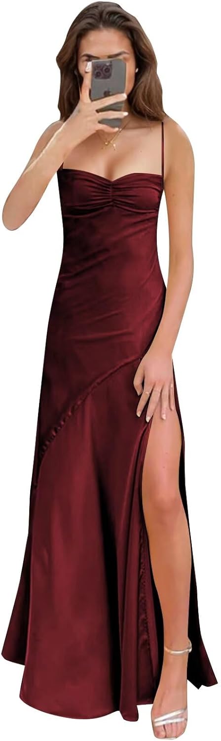 Spaghetti Strap Satin Prom Dresses Long A Line Pleated Corset Bridesmaid Formal Dress with Slit