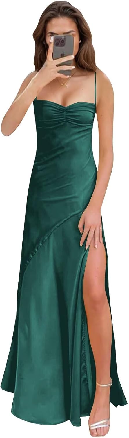 Spaghetti Strap Satin Prom Dresses Long A Line Pleated Corset Bridesmaid Formal Dress with Slit