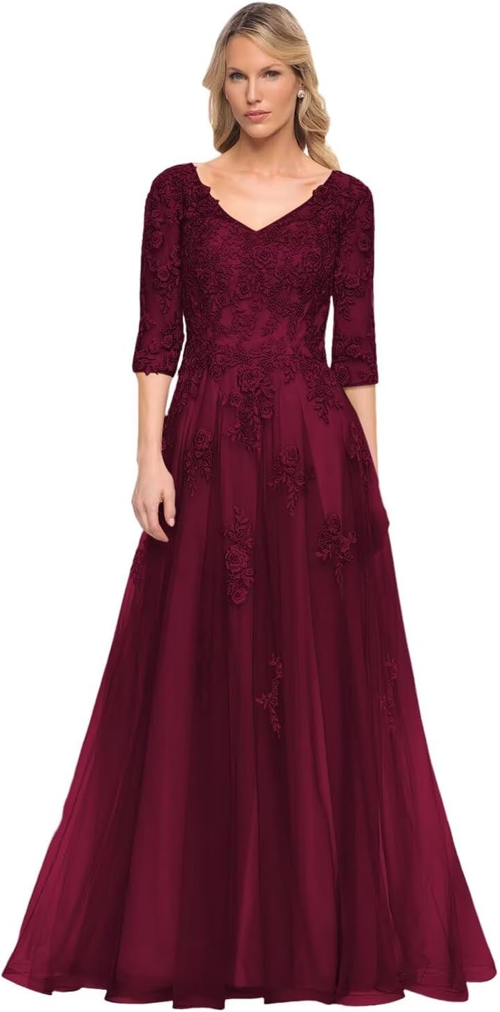 Women's V-Neck 3/4 Sleeve Mother of The Bride Dress A-line Tulle Lace Appliques Long Formal Party Dress QA117