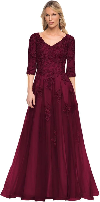 Women's V-Neck 3/4 Sleeve Mother of The Bride Dress A-line Tulle Lace Appliques Long Formal Party Dress QA117