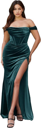 Damen Samt Schlitz Meerjungfrau Ballkleid Lang Schulterfrei Brautjungfernkleid Trägerlos Partykleid 