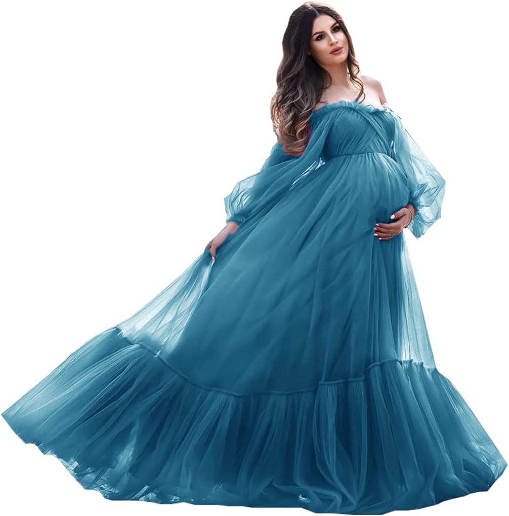 Puffy Sleeve Maternity Dress Tulle Robe for Photoshoot Off Shoulder Pregnancy Baby Shower Gown