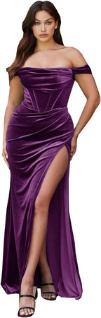 Damen Samt Schlitz Meerjungfrau Ballkleid Lang Schulterfrei Brautjungfernkleid Trägerlos Partykleid 