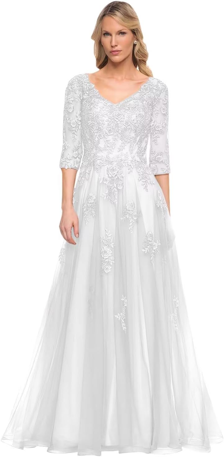Women's V-Neck 3/4 Sleeve Mother of The Bride Dress A-line Tulle Lace Appliques Long Formal Party Dress QA117
