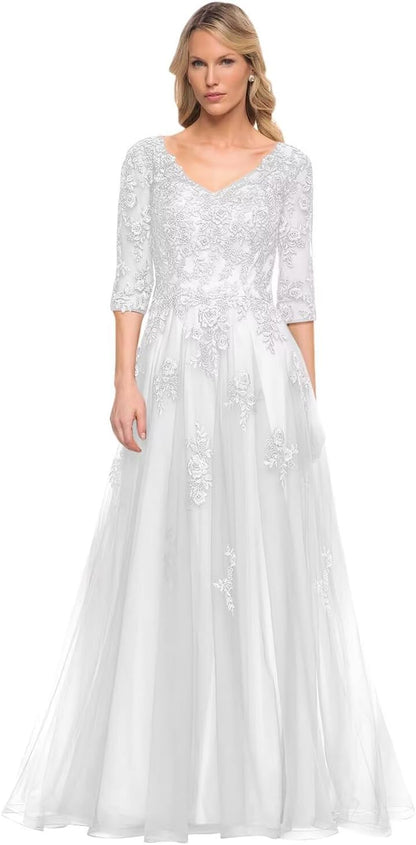 Women's V-Neck 3/4 Sleeve Mother of The Bride Dress A-line Tulle Lace Appliques Long Formal Party Dress QA117