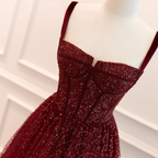 Gothic Burgund Spaghettiträger Pailletten Perlen Formales Ballkleid Tüll Party Abendkleid Y7586
