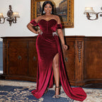 Velvet One Shoulder Slit Floor Length Prom Dress