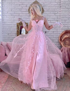 Vestidos de fiesta de tul con apliques de encaje para mujer 2025, vestido de fiesta formal de noche con tirantes finos y abertura 