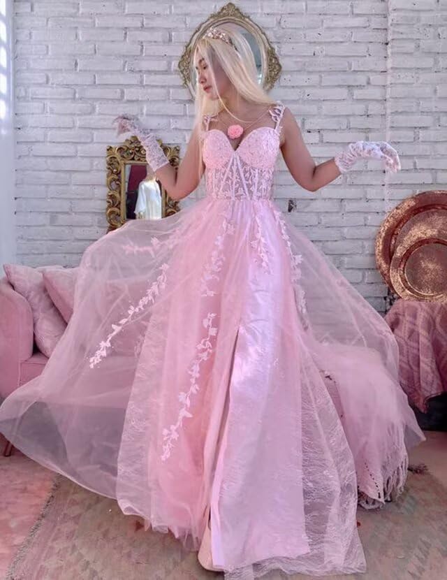 Lace Applique Tulle Prom Dresses for Women 2025 Spaghetti Straps Ball Gown Formal Evening Party Gown with Slit