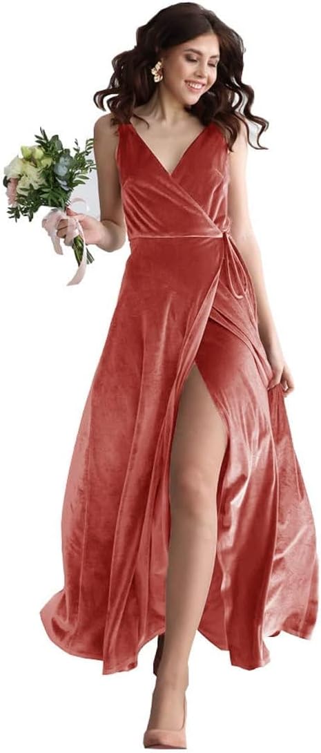 Velvet V Neck Bridesmaid Dress Long Women's Prom Formal Party Gown with Slit