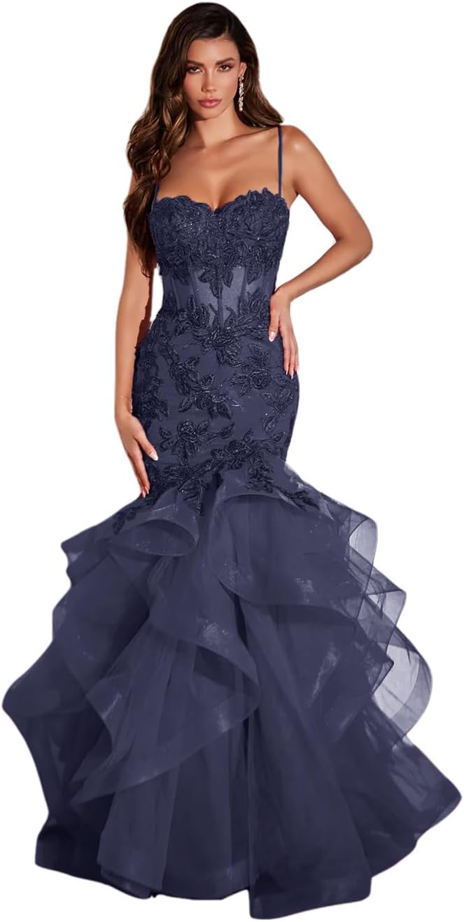 Damen Ballkleid mit Spitzenapplikation, Tüll, lang, Meerjungfrau-Stil, Rüschen, funkelnd, formelles Abendkleid 