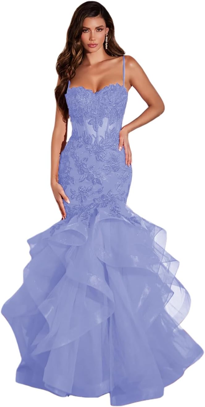 Damen Ballkleid mit Spitzenapplikation, Tüll, lang, Meerjungfrau-Stil, Rüschen, funkelnd, formelles Abendkleid 