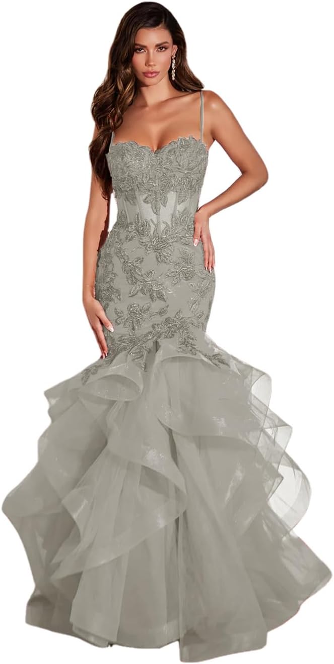 Damen Ballkleid mit Spitzenapplikation, Tüll, lang, Meerjungfrau-Stil, Rüschen, funkelnd, formelles Abendkleid 