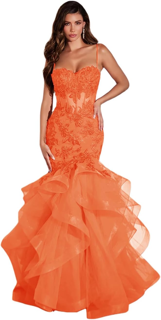 Damen Ballkleid mit Spitzenapplikation, Tüll, lang, Meerjungfrau-Stil, Rüschen, funkelnd, formelles Abendkleid 
