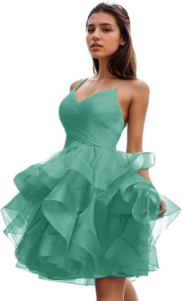 Vestido corto de tul con volantes para mujer, vestido de fiesta formal con escote en V y tutú para regreso a casa 