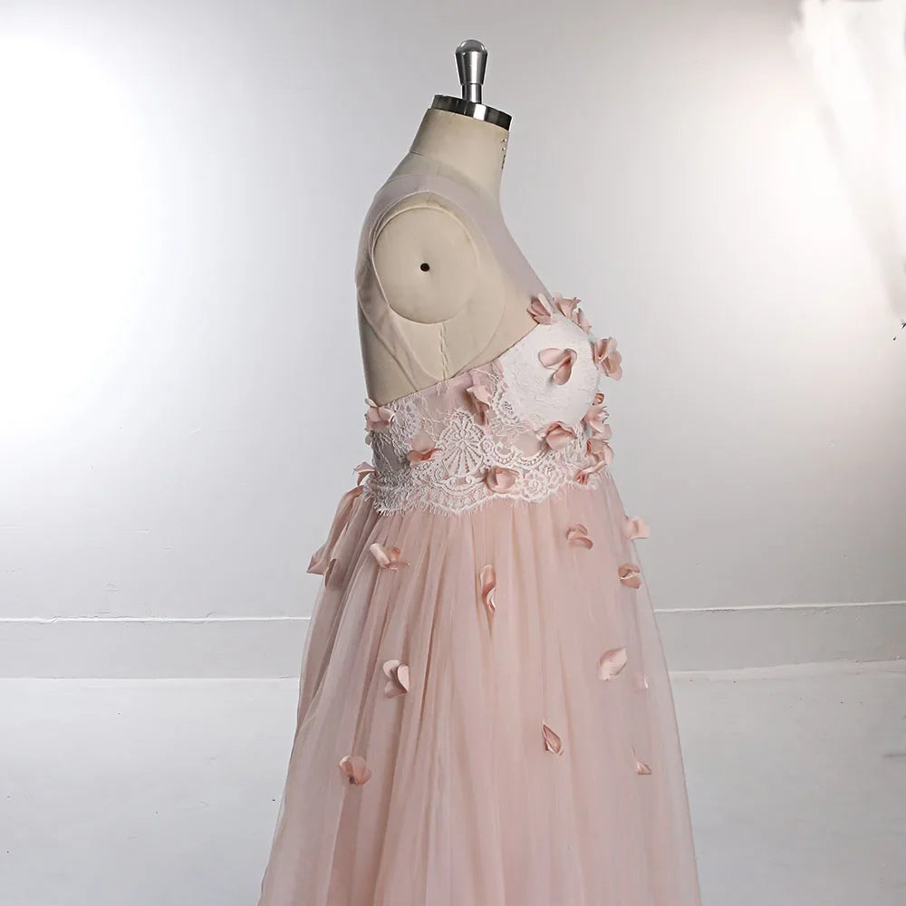 Pink Flower Shoulderless Appliques Maternity Dresses for Photo Shoot Backless Tulle Maxi Dress Sunnderly SY230330