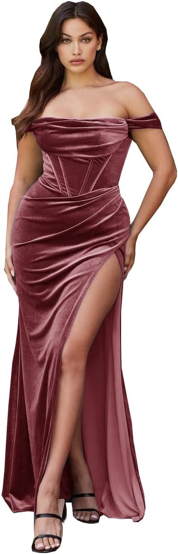 Vestido de fiesta de sirena con abertura de terciopelo para mujer, vestido largo de dama de honor con hombros descubiertos y sin tirantes 