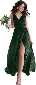 Samt V-Ausschnitt Brautjungfernkleid Langes Damen Ballkleid Formales Partykleid mit Schlitz 