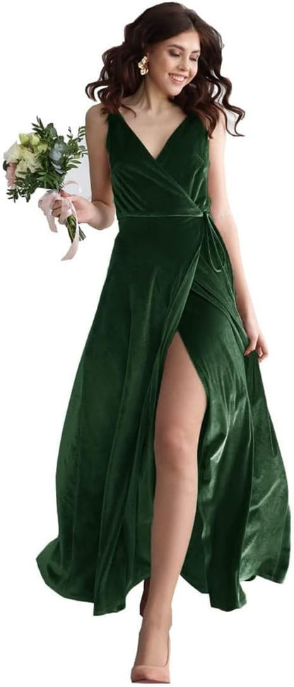 Velvet V Neck Bridesmaid Dress Long Women's Prom Formal Party Gown with Slit