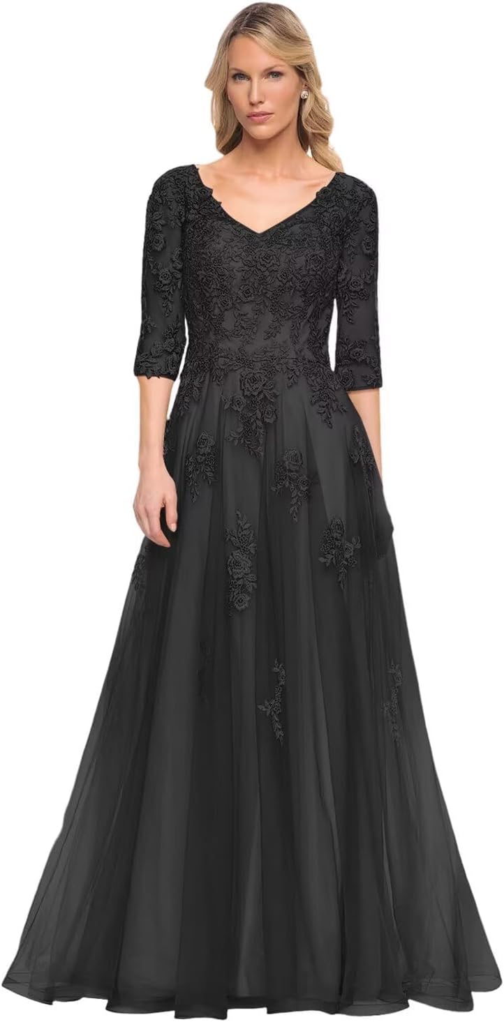 Women's V-Neck 3/4 Sleeve Mother of The Bride Dress A-line Tulle Lace Appliques Long Formal Party Dress QA117