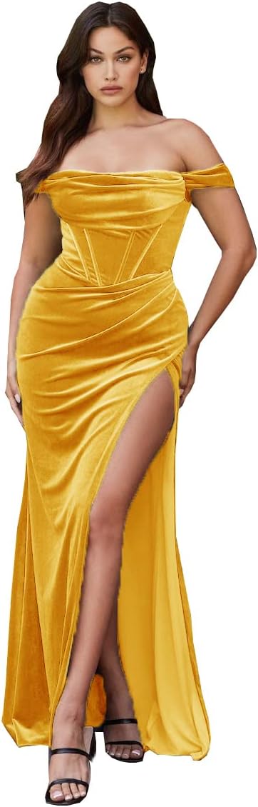 Vestido de fiesta de sirena con abertura de terciopelo para mujer, vestido largo de dama de honor con hombros descubiertos y sin tirantes 