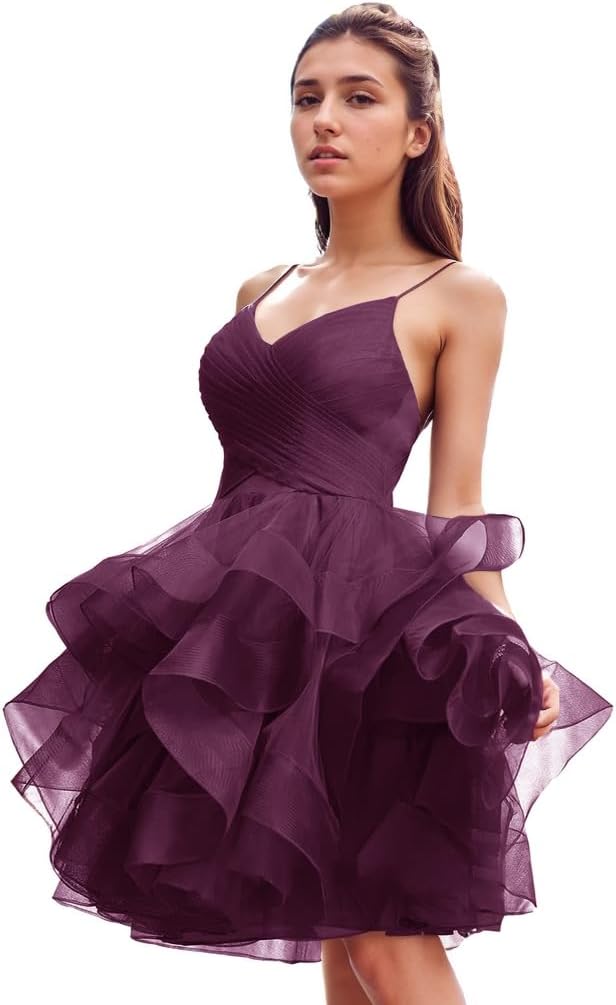 Women's Puffy Ruffle Short Homecoming Dress Tull Tutu Prom Dress V Neck Formal Party Gown