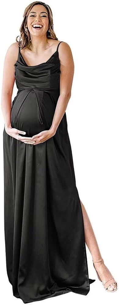 Spaghettiträger Umstandskleid Brautjungfernkleid für Fotoshooting Langes Satin Beinschlitz Schwangeres Abschlussball Partykleid 