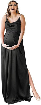 Spaghettiträger Umstandskleid Brautjungfernkleid für Fotoshooting Langes Satin Beinschlitz Schwangeres Abschlussball Partykleid 