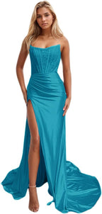 Vestidos de fiesta de sirena con encaje satinado para mujer, largos con abertura, sin tirantes, para noche formal, 2025 
