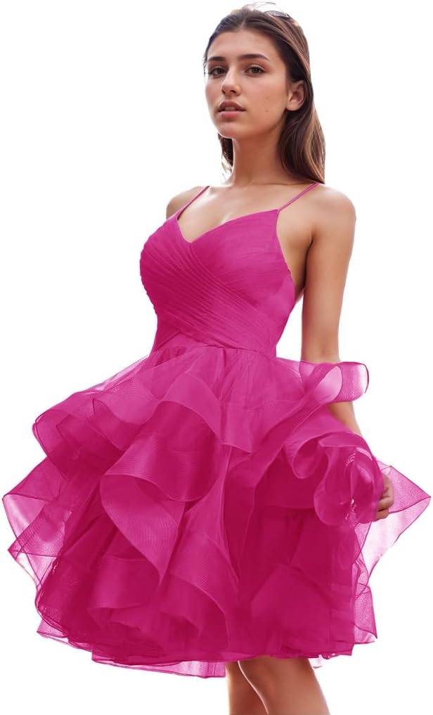 Women's Puffy Ruffle Short Homecoming Dress Tull Tutu Prom Dress V Neck Formal Party Gown