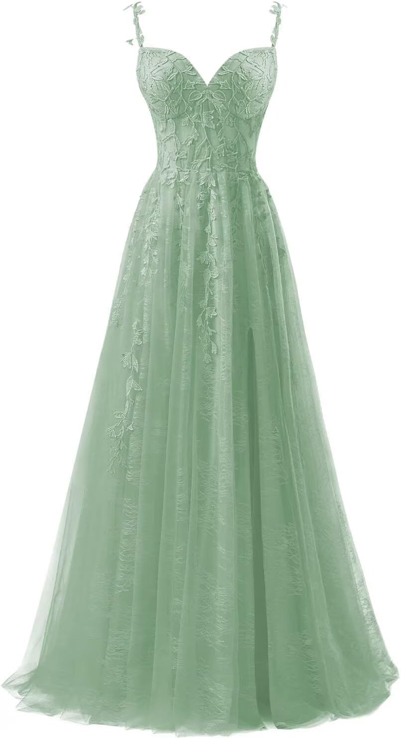 Lace Applique Tulle Prom Dresses for Women 2025 Spaghetti Straps Ball Gown Formal Evening Party Gown with Slit