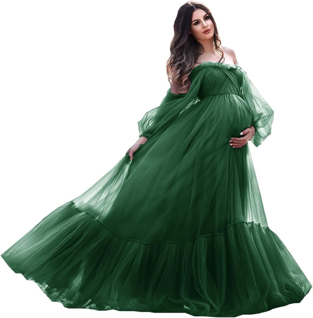 Puffy Sleeve Maternity Dress Tulle Robe for Photoshoot Off Shoulder Pregnancy Baby Shower Gown