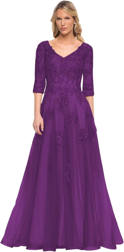 Women's V-Neck 3/4 Sleeve Mother of The Bride Dress A-line Tulle Lace Appliques Long Formal Party Dress QA117